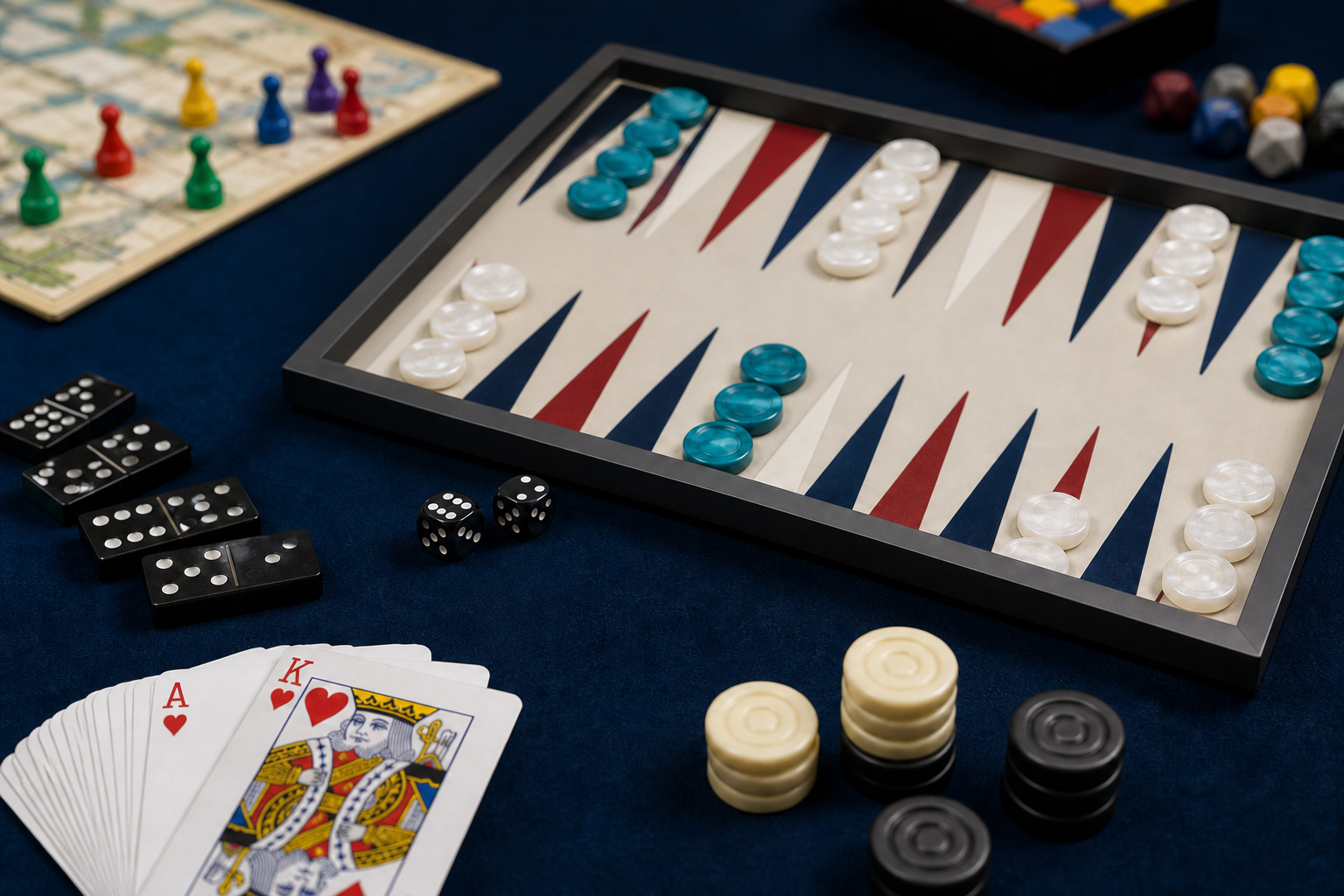 Modernes Turnier-Backgammon, Domino, Spielkarten und Dame-Steine aus der Spielesammlung des Vereins